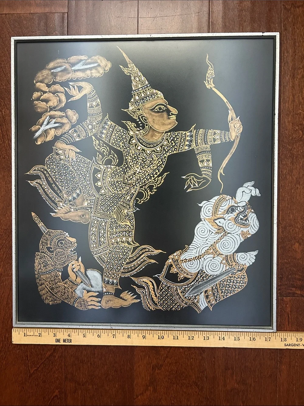 Vintage Mid Century Modern Thai Silk Painting in Cool Frame, Ready to Hang